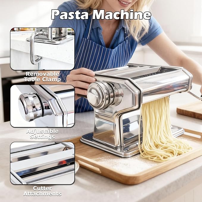 Pasta Maker Machine With 7 Adjustable Thickness Settings, Stainless Steel Manual Noodle Maker,Pasta Roller& Cutters With Removable Handle and Clamp For Kitchen （All-in-One ）
