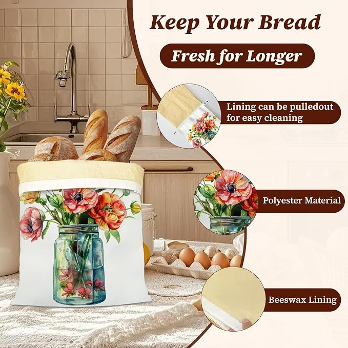 Beeswax Bread Bags, 2 Pack for Homemade Bread and Sourdough Storage | Flowers in Jar, Reusable Polyester Bread Storage With Beeswax Coating And Snap Closures