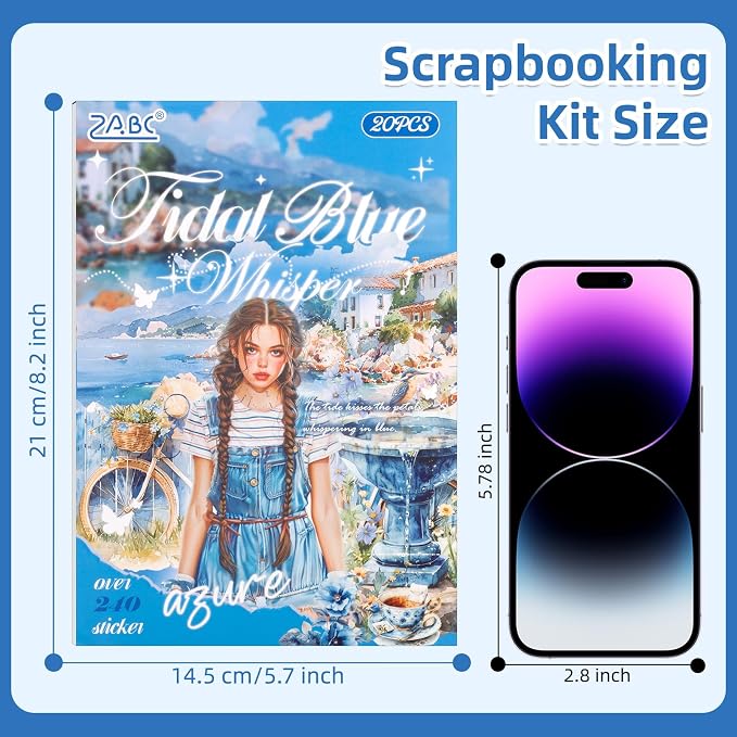 Tidal Blue Whisper Sticker Scrapbooking Supplies for Junk Journal, 20 Sheets PET Stickers - Vintage Journaling Stickers