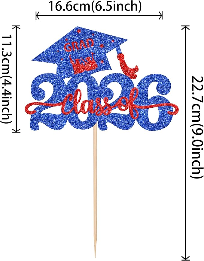 1 Pack Class of 2026 Cake Topper Glitter Congrats Grad Cap 2026 Graduation Cake Pick Decoration for 2026 Graduation Theme High School Graduate Party Cake Decorations Supplies Blue Red