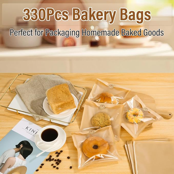 330 Pack Bakery Bags with Window, 7.5 x 7.1 Inches Bagel Bags, Sublaga Paper Sandwich Bag, Parchment Paper Bag, Donut To Go, Bakery for Cookies, Snack, Waffle Cake Packaging