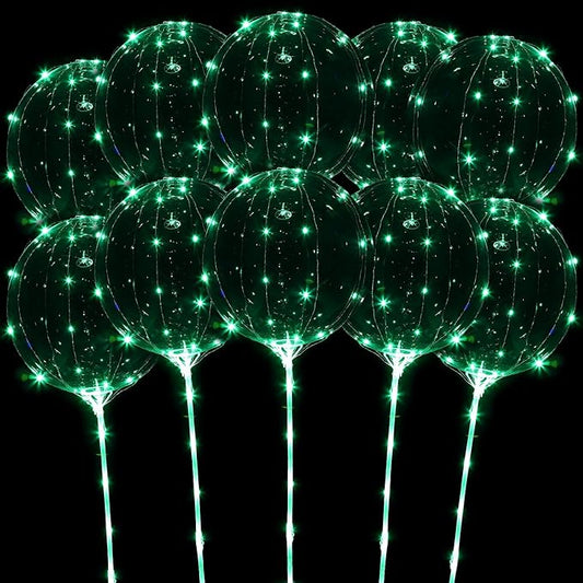 LED Balloons Light Up, 10 Pack LED Balloons with Sticks, 20 Inch Clear Bobo Balloon with Lights Helium Glow Bubble Lights for Party Supplies Valentines Decor (Green)