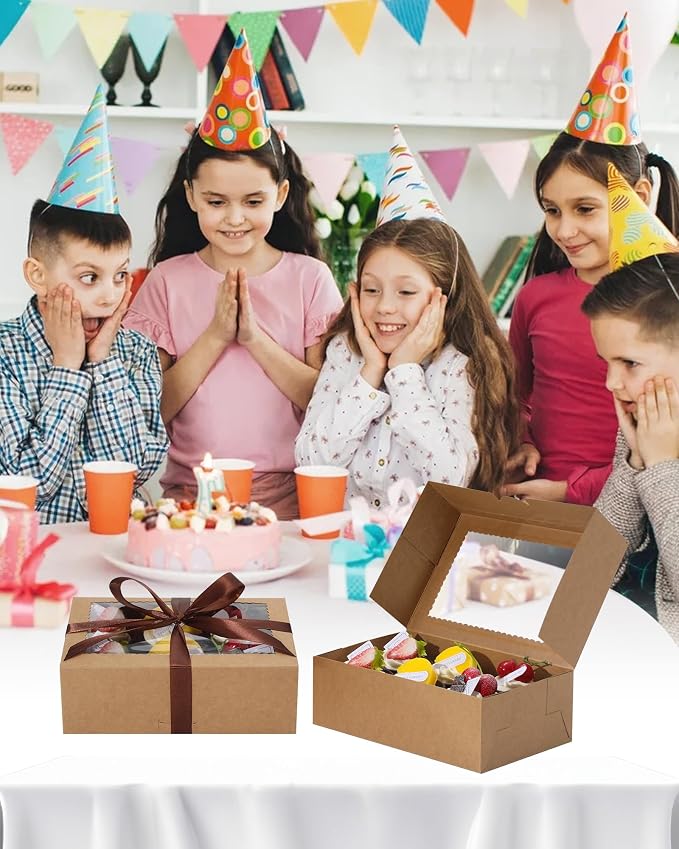 COTOPHER 10Pcs Cookie Boxes with Ribbons, 9x6x3 Inch Bakery Boxes with Window, Brown Treat Containers for Pastries, Chocolate Covered Strawberries, Dessert, Easter Candy, Muffins, Donuts