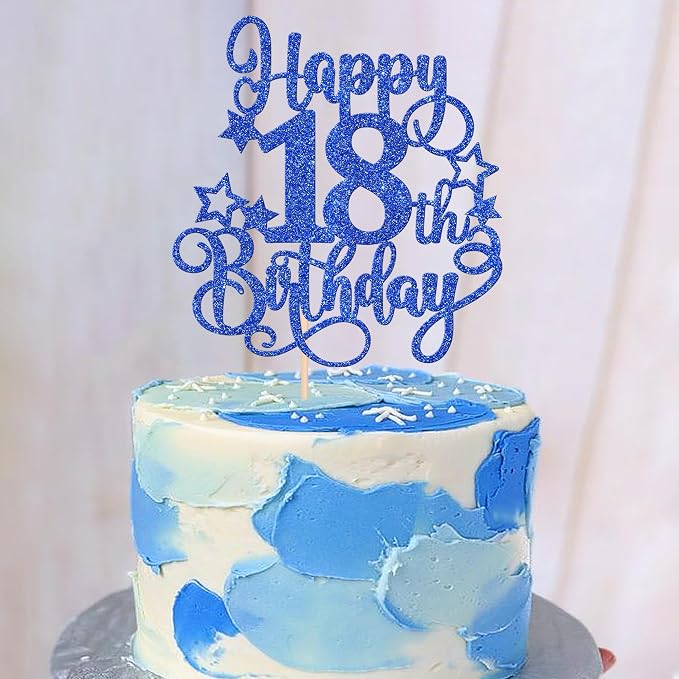 1 PCS Happy 18th Birthday Cake Topper Glitter Cheers to 18 Years Birthday Cake Pick Hello 18 Fabulous Cake Decoration for Happy 18th Birthday Anniversary Party Decorations Supplies Blue