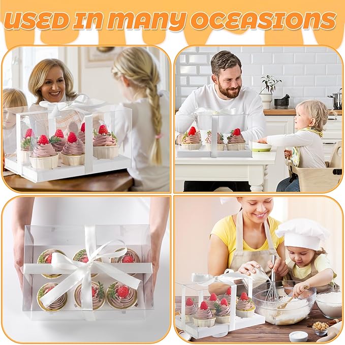 JCD 4 Pack Clear Cupcake Boxes, Plastic Cupcake Containers with Gift Ribbon, 5.5inches height Holder 6 Count Cup Cake Boxes for Parties, Baking, Wedding, Transport (6count/4pcs)