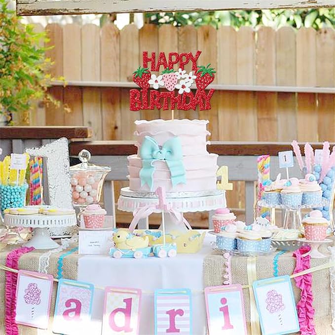 1 PCS Strawberry Happy Birthday Cake Topper Red Glitter Flower Fruit Strawberry Cake Pick Berry Birthday Cake Decoration for Strawberry Theme Baby Shower Birthday Party Cake Decorations Supplies