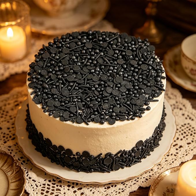 Sentovac Black Sprinkles Edible Black Round Confetti Jimmies Pearls for Cake Decorating Candy Cupcake Cookie Baking Donuts Ice Cream Dessert Halloween Christmas Decorations