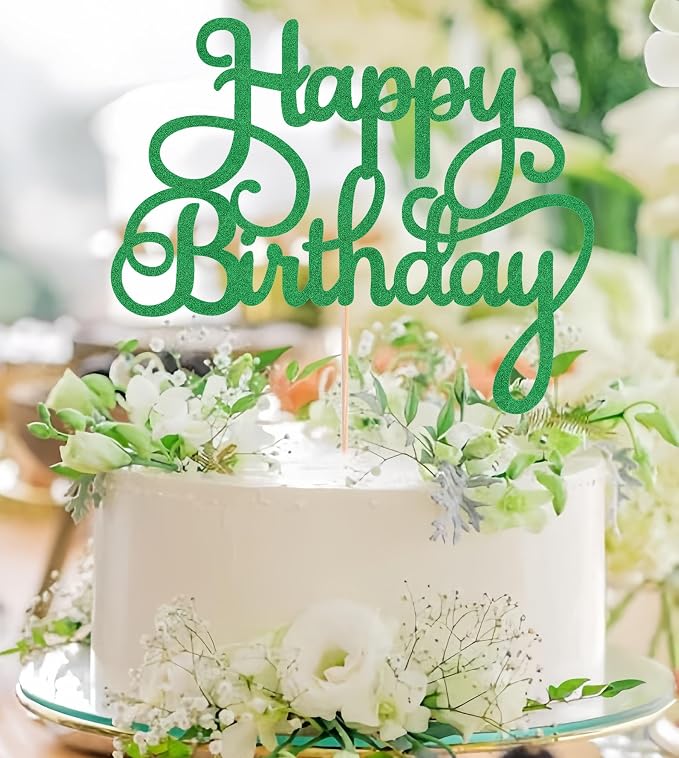 Happy Birthday Cake Topper - Green Glitter Birthday Party Cake Decoration Supplies, Photo Booth Props