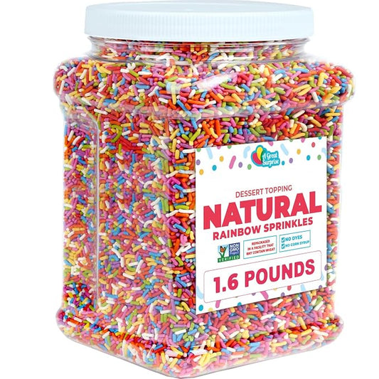 A Great Surprise Dye-Free Rainbow Sprinkles – 1.6 Pounds - Natural Vegan Baking Toppings with No Artificial Dyes or Flavors – Non-GMO Jimmies for Cookies, Cakes, Ice Cream & Cupcakes