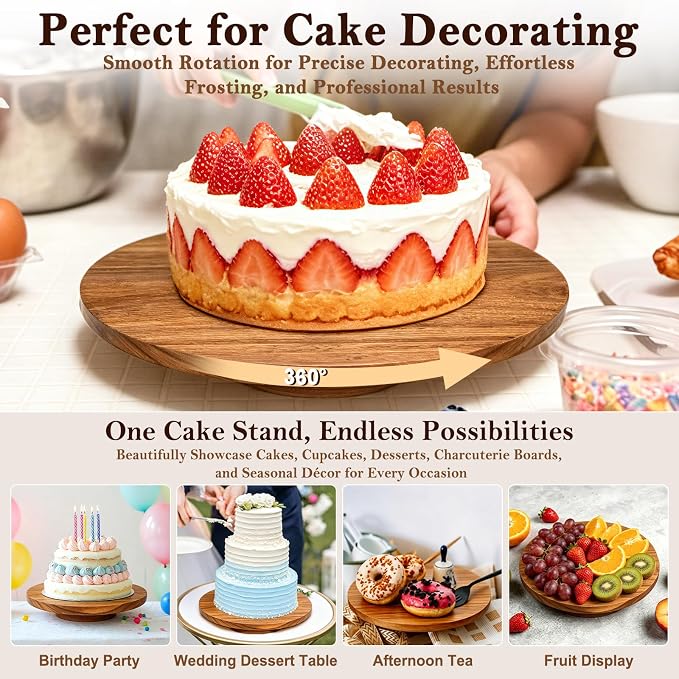 Qinzave Wooden Cake Stand, 11.4 Inch Acacia Wood Rotating Cake Turntable with Smooth 360° Rotation for Cake Decorating, Serving Cakes, Cheese and Desserts