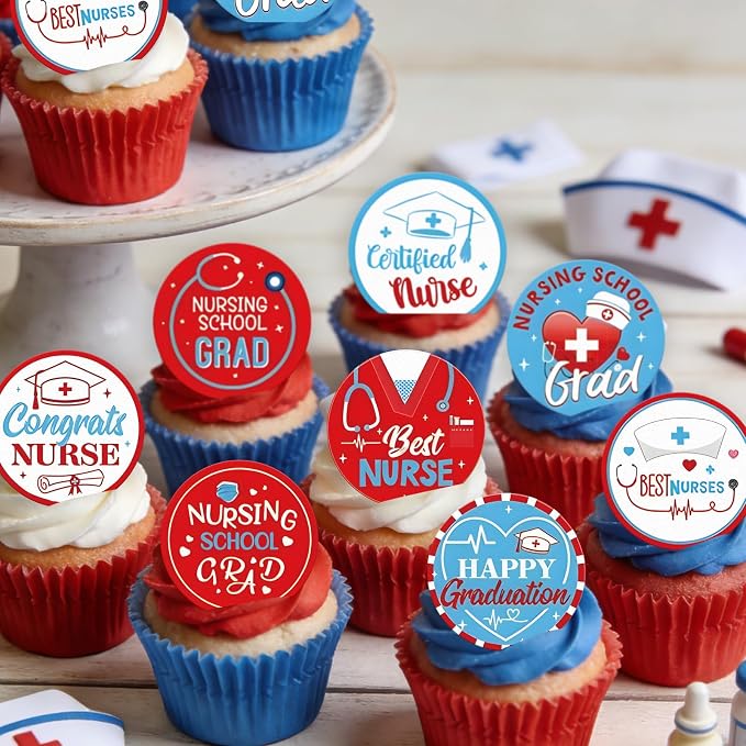 48pcs Edible 2026 Nurse Graduation Cupcake Toppers Wafer Paper Congrats Grad Nurse Cake Decorations Edible Class of 2026 Cupcake Picks for 2026 Graduation Theme Party Cake Decor Supplies