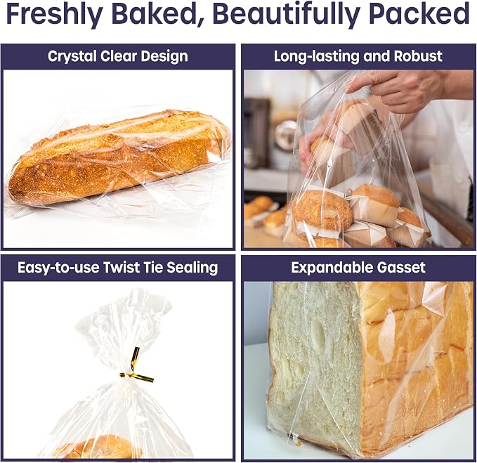 Reusable Plastic Bread Bags - 50 Pack Clear Loaf Bags for Homemade Bread - Perfect for Baked Goods Storage