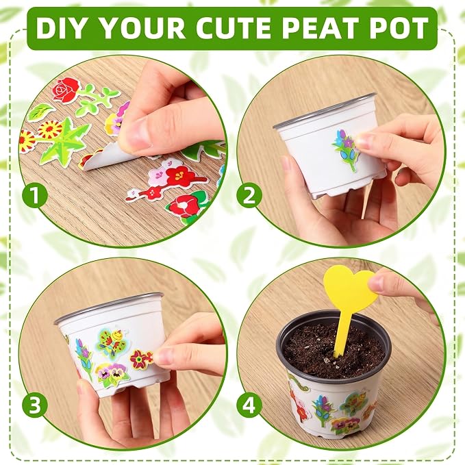 100 Sets Garden Pot Craft Kit, Flower Plant Spring Craft Including Plastic Nursery Plant Pots Labels Tags Stickers for DIY Flower Planting Growing Birthday Arts Kit (Pure)