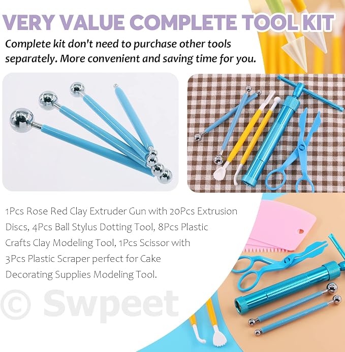 Swpeet 36Pcs Blue Clay Extruder Gun Fondant Sugar Paste Extruder Clay Cake Sculpture Gun, Ball Stylus Dotting Tool with Plastic Scraper, Cake Decorating Supplies Modeling Tool