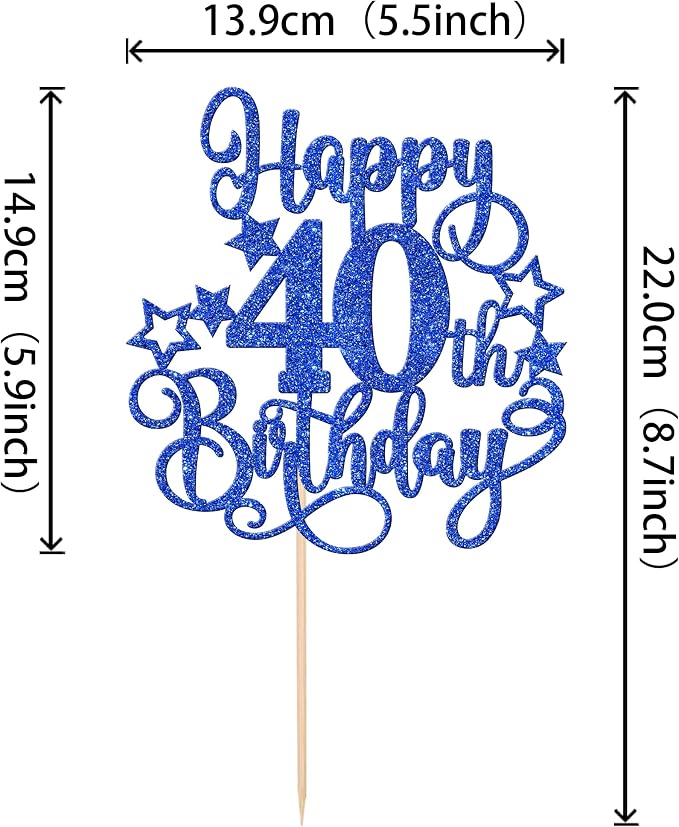 1 PCS Happy 40th Birthday Cake Topper Glitter Cheers to 40 Years Birthday Cake Pick Hello 40 Fabulous Cake Decoration for Happy 40th Birthday Anniversary Party Decorations Supplies Blue