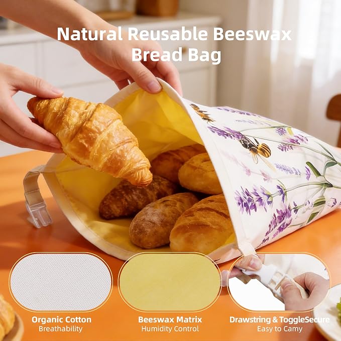 Beeswax Bread Bag for Sourdough & Homemade Bread – 2 Pack Reusable Organic Cotton Wax Bread Bags, Large Food Storage Bag for Baguettes, Bakery Loaves.