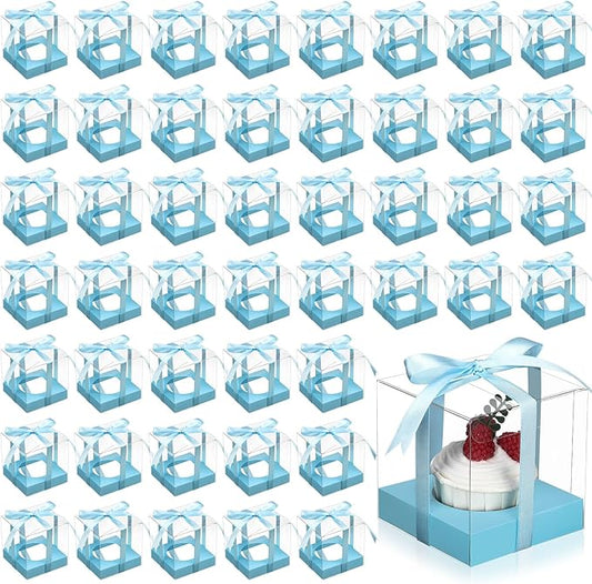 Thenshop 50 Pcs Clear Cupcake Boxes Individual 3.5 Inch Plastic Single Cupcake Containers Boxes with Inserts and Ribbon Individual Cake Storage Holders for Cake Kitchen(Light Blue)