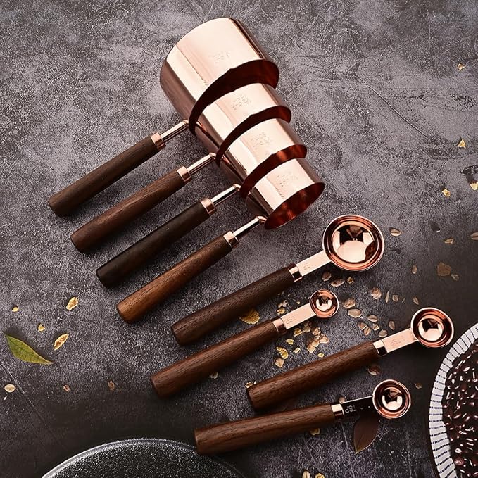 8 pieces Rose Gold Copper Measuring Cups Set and Measuring Spoons Set with Scale, BRIIEC Wooden Handle Stainless Steel Dry & Liquid Measuring Cup for Cooking Baking