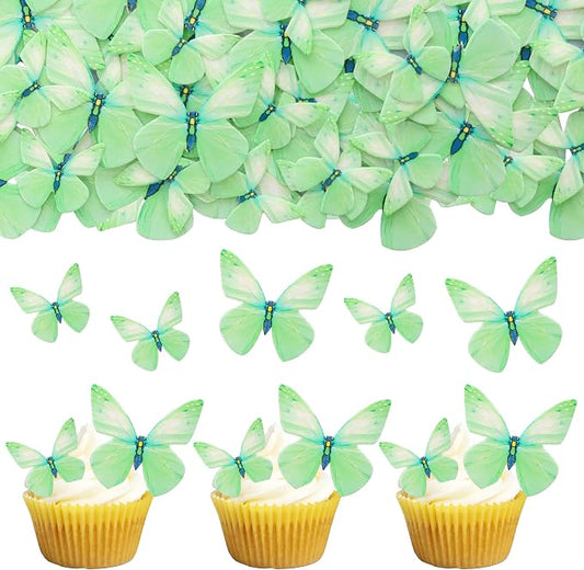 Gyufise 72Pcs Edible Butterfly Cupcake Toppers & Decorations for Butterfly Theme Baby Shower & Kids Birthday Party Cake Supplies - Green
