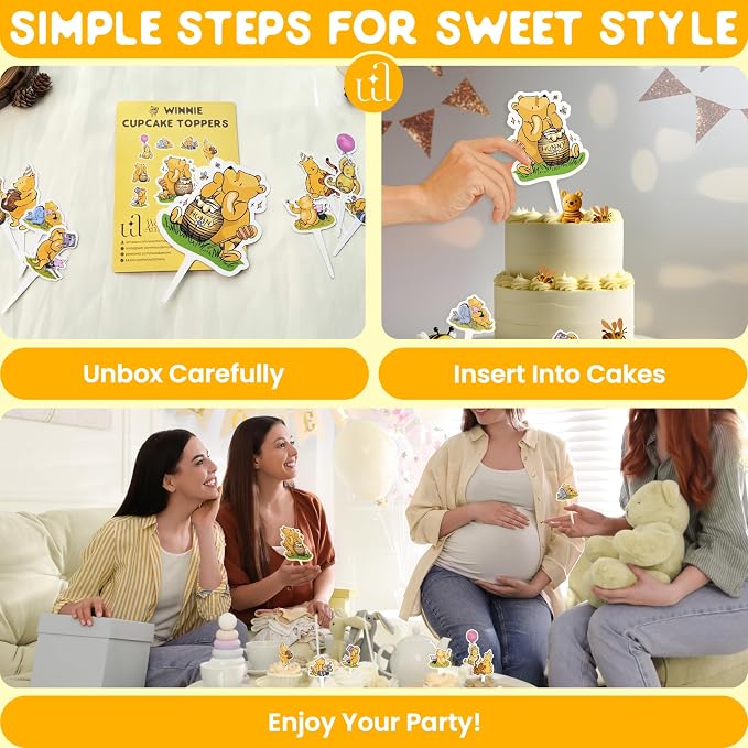Woodamore Pooh Cupcake Toppers Birthday Decorations - Pooh Bear Baby Shower Cupcake Toppers, Cup Cake Topper For Pooh Baby Shower Decorations Ideas