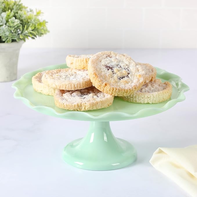 Martha Stewart Highbrook 11" Jadeite Glass Cake Stand – Handmade Vintage-Style Dessert Stand with Ruffle Trim, Decorative Pedestal Cake Plate for Display & Serving