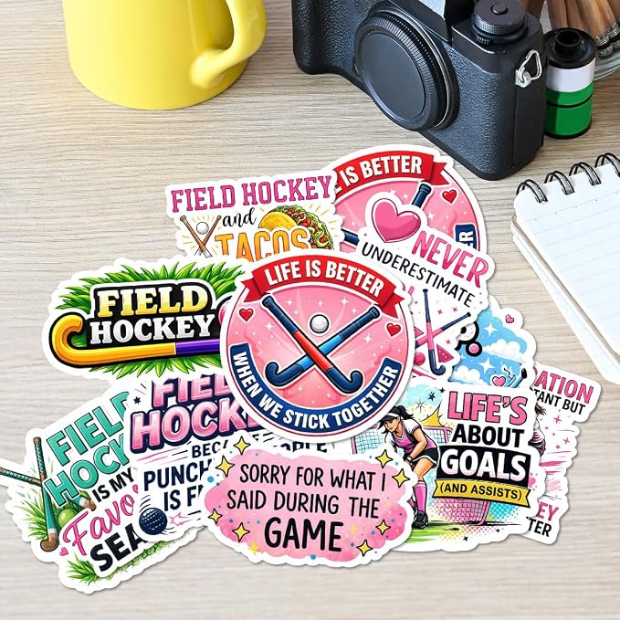 10pcs Field Hockey Stickers Gifts for Field Hockey Players Teams Multiple Different Design, Waterproof UV-Resistant for Water Bottle, Laptop, Window, Car