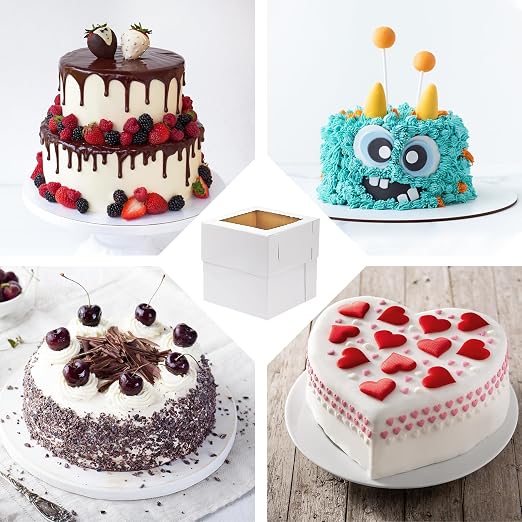 Moretoes 6 Pack 12x12x12 Inches Tall Cake Boxes with Boards for Tier Cakes, Thick Sturdy Bakery Box with Window for Valentine's Day, Mother's Day, Birthday, Wedding, Party
