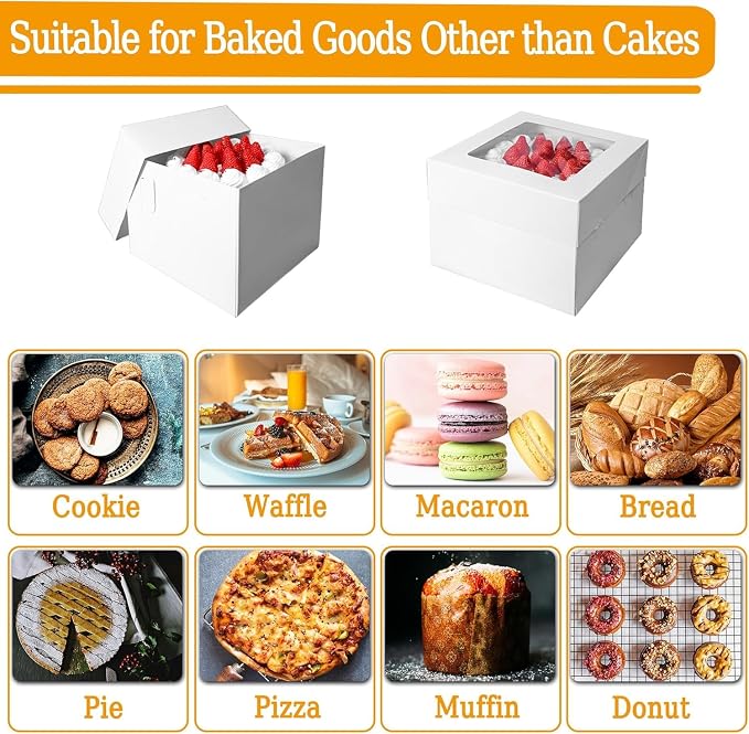 8x8x8 Inches Cake Boxes with Cake Boards, 3 Pack Premium Tall Cheesecake Boxes with Display Window for Christmas, Birthday, Wedding