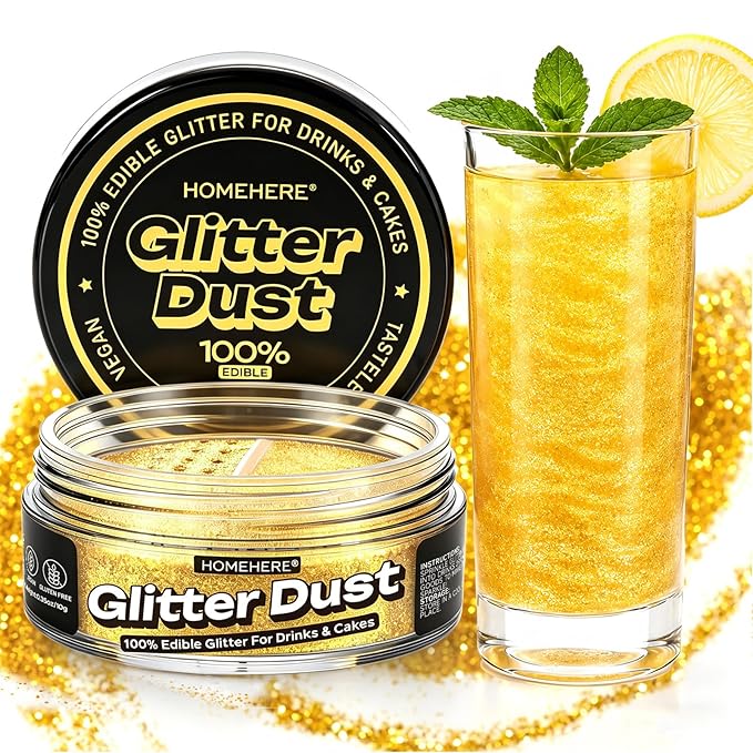 HomeHere Edible Glitter for Drinks & Cakes, 10g Food Grade Disco Diamond Glimmer Dust, Sparkle Powder for Cocktails, Chocolate, Baking Decorations, Vegan& Tasteless (Golden)