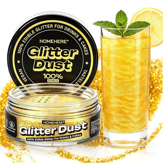 HomeHere Edible Glitter for Drinks & Cakes, 10g Food Grade Disco Diamond Glimmer Dust, Sparkle Powder for Cocktails, Chocolate, Baking Decorations, Vegan& Tasteless (Golden)