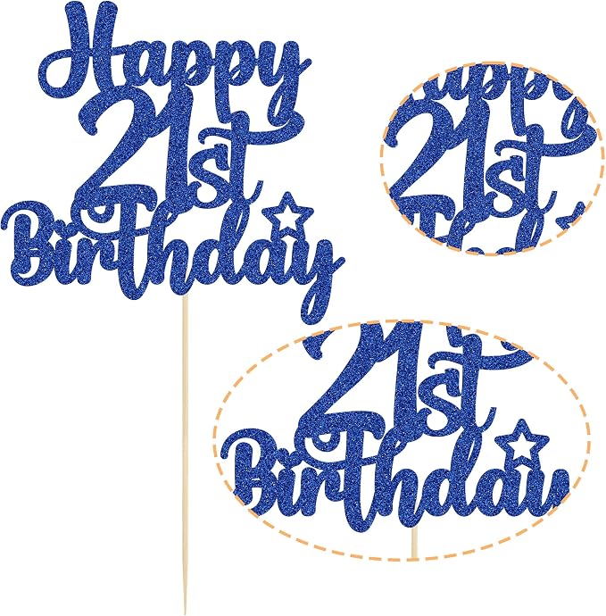 Gyufise 1Pc Happy 21st Birthday Cake Topper Glitter 21 & Fabulous Cheers to 21 Years Old Birthday Cake Pick for Celebrating 21st Anniversary Party Cake Decorations Blue