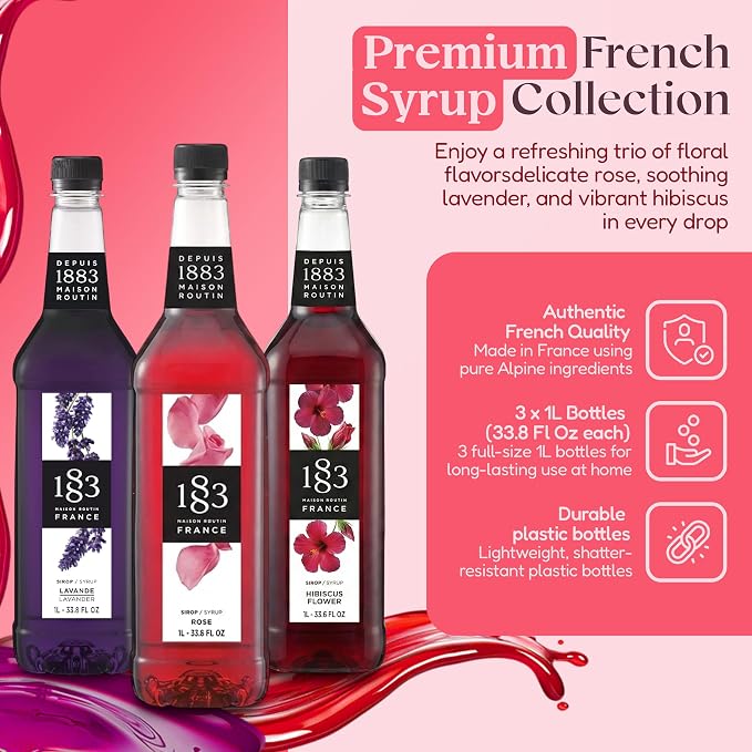 1883 Lavender, Rose, Hibiscus Syrups with Pumps (Floral Flavors) for Coffee & Drinks – 1 Liter Plastic Bottles (Pack of 3)