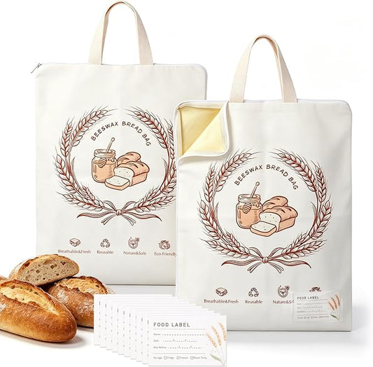 2 Pack Beeswax Bread Bags for Sourdough, 17x13 Inch Reusable Cotton Bread Storage Bags with Zipper and Handle Natural Beeswax Lining Freezer Friendly with 10 Food Labels Included (Wheat Wreath)