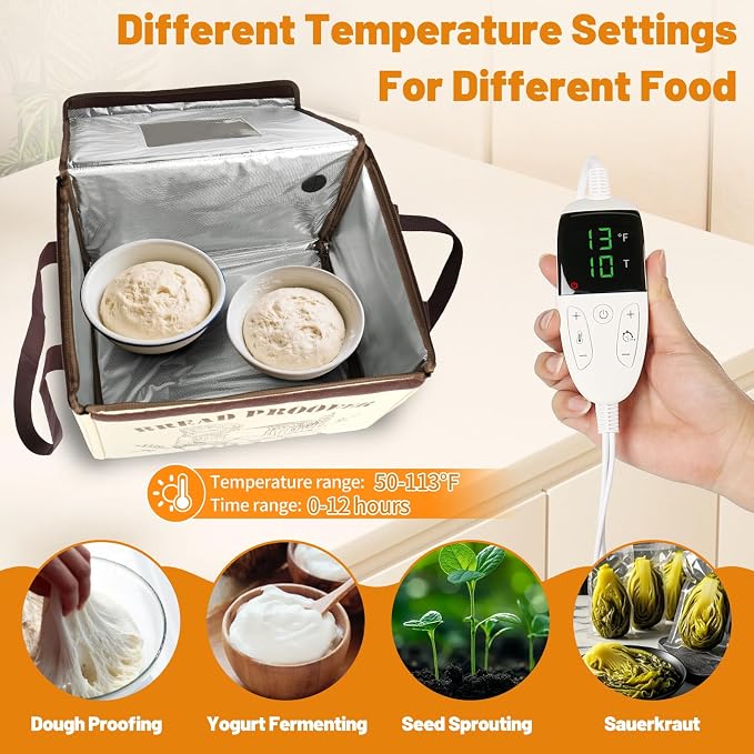 Folding Bread Proofing Box,Homemade Sourdough Proofing Box with 50-113℉ Temp Control & 12H Timer,Zippered Bread Proofer for Sourdough,Pizza,Yogurt,Seed Starting,Space-Saving & 5-Layer Fabric