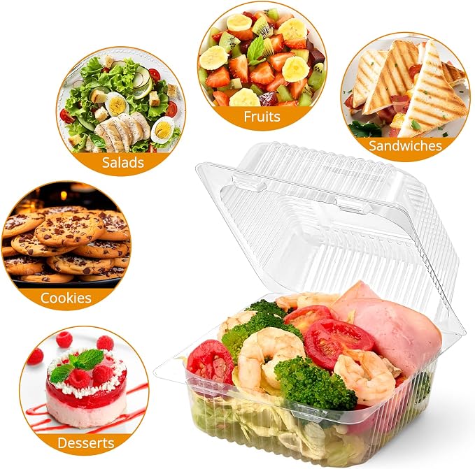Zezzxu 50 Pack Clear Plastic Take Out Food Containers, Square Cake Slice Containers with Hinged Lids, Disposable To Go Boxes for Cookies, Desserts, Fruits, Salads, Sandwiches