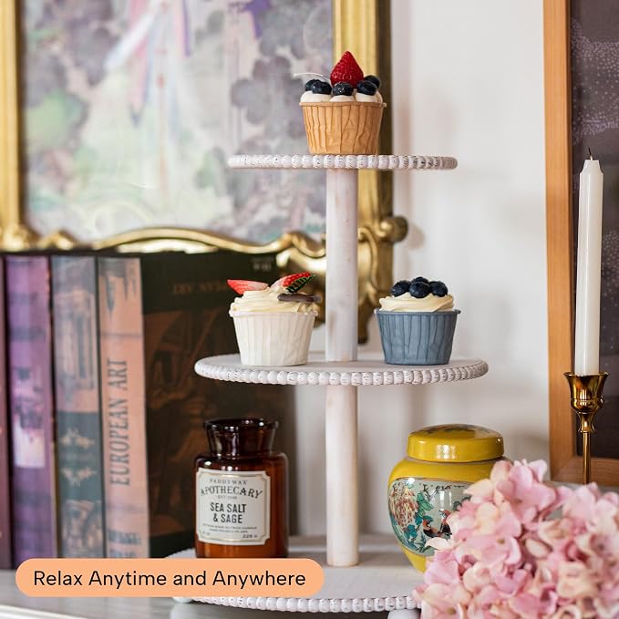 GENMOUS 3 Tier Beaded Cupcake Stand for Farmhouse Wedding Decor, Rustic Wood Cupcake Tower Holder for 24 Cupcakes, White Three Tiered Serving Tray Dessert Display Stand for Birthday Party Baby Shower