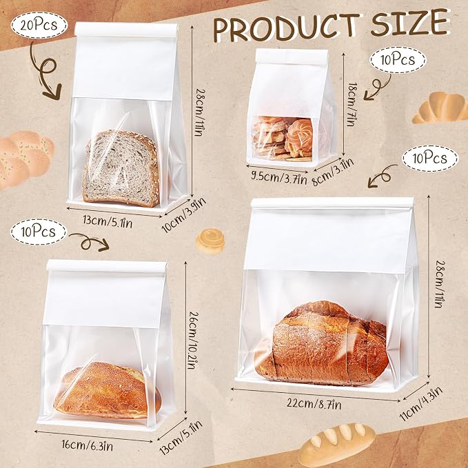 AmazingSpark 50 Pcs Paper Bread Bags with Tin Tie sourdough bread bags Storage Packing Bag with Clear Window for Gifting, Bakery (White)