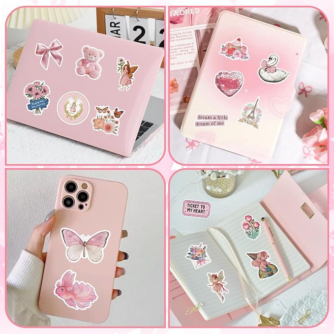 100 Pcs Pink Coquette Stickers for Scrapbooking, Waterproof Vinyl Vintage Stickers for Scrapbook Laptops Water Bottles Journals, Cute Aesthetic Decorative Decals for Girls Teens Students