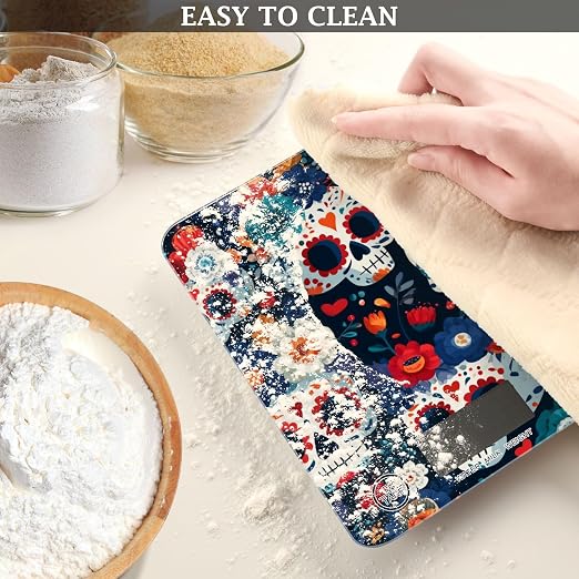 Food Scale Kitchen Digital Scale Food Ounces and Grams Dieting Baking Cooking Waterproof Glass Panels LCD Display,4 Units Scale Tare Function Some Blue Skull Halloween