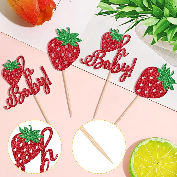 24 PCS Sweet Oh Baby Cupcake Toppers Glitter Oh Baby Strawberry Cupcake Picks Fruit Berry Cupcake Decorations for Strawberry Theme Baby Shower Kids Birthday Party Cake Decorations Supplies Red