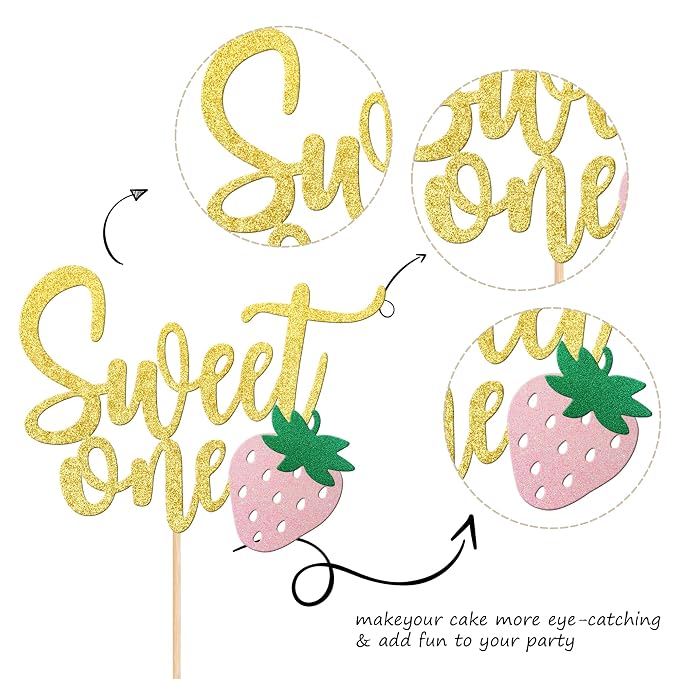 1 PCS Strawberry Sweet One Cake Topper Glitter First Birthday Strawberry Cake Pick for Sweet Fruit Theme Baby Shower Kids Birthday Party Cake Decorations Supplies Gold