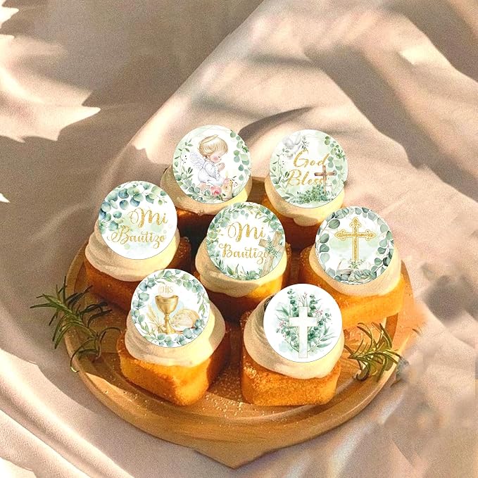 64 PCS Edible God Bless Cupcake Toppers Angel Bi Bautizo Cupcake Picks Edible Greenery Leaves Baptism Cross First Communion Cake Decorations for God Bless Theme Baby Shower Birthday Party Supplies