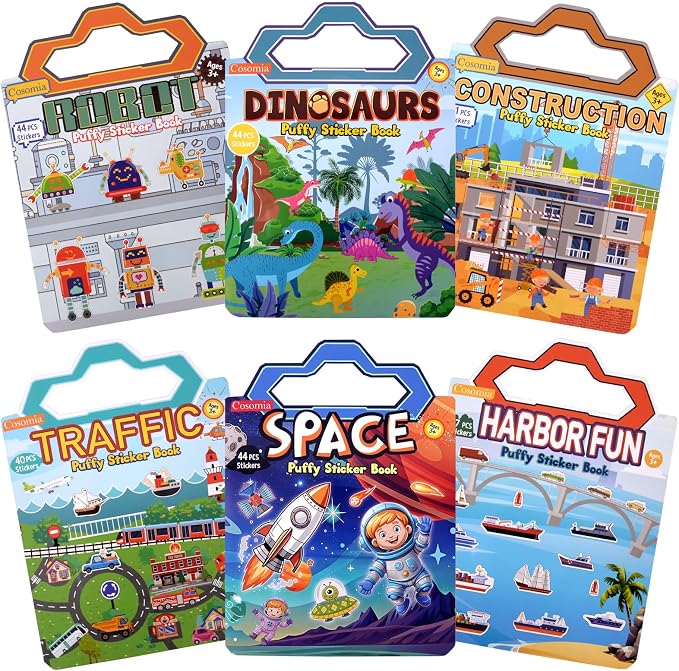 6 Pack Reusable Puffy Sticker Books, 250Pcs Kids Activity Stickers Ages 3+, Travel Sticker Book Dinosaur/Space/Traffic/Robot/Harbor/Construction for Boys Girls