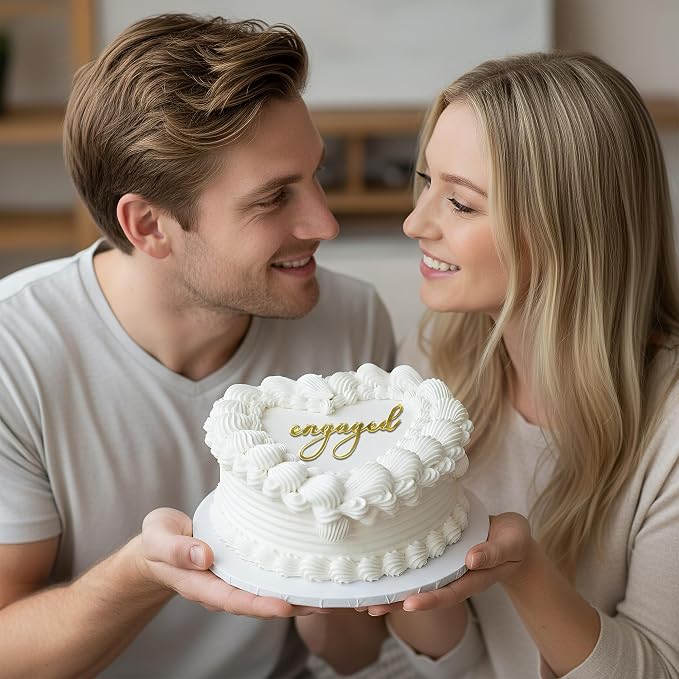 Acrylic Engaged Cake Topper – Vintage Heart Wedding Cake Decoration for Engagement Parties, Bridal Showers & Anniversaries (engaged golden)