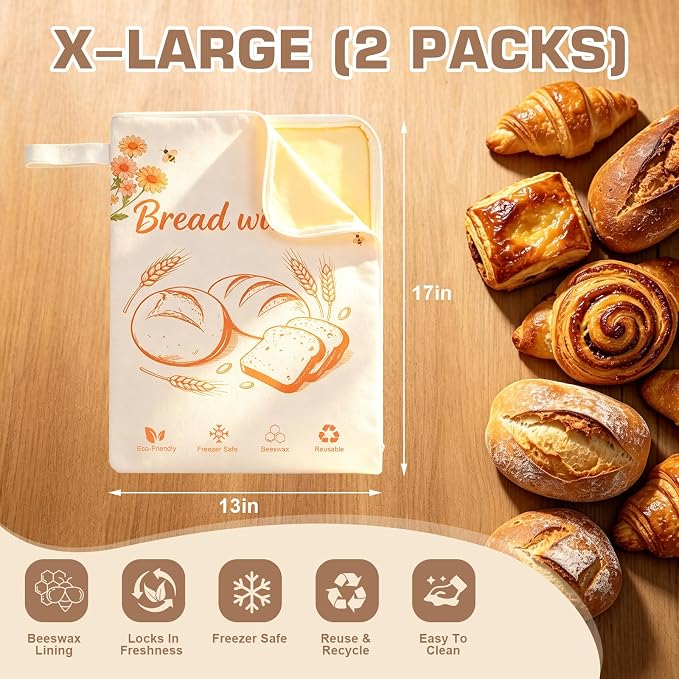 Beeswax Bread Bags with Extra-Wide Zipper Access, 2 Pack XL (13x17in) – Reusable Organic Beeswax-Coated Linen Cotton Storage Bags for Sourdough & Homemade Bread, Naturally Keeps Bread Fresher Longer