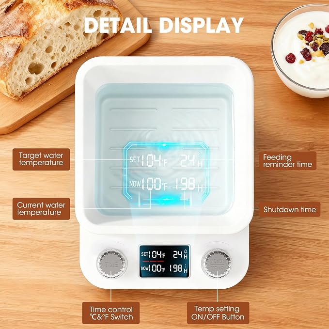 Sourdough Starter Warmer | Water Bath Precise 1°F Thermostat (70-104°F) Sourdough Warmer| For jars under 50 oz | 1-198H Memory Timer | 360° Uniform Warmer |Fermenter's Dream for Home Baking (White)