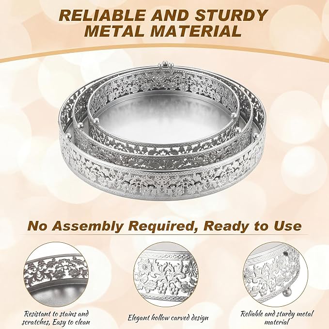 Wenqik 3 Pcs 16'' 14'' 12'' Metal Silver Cake Stand Round Cake Stands for Dessert Table Cookies Fruit Serving Tray Cupcake Dessert Pastry Riser for Wedding Birthday Party and Event(Traditional Style)