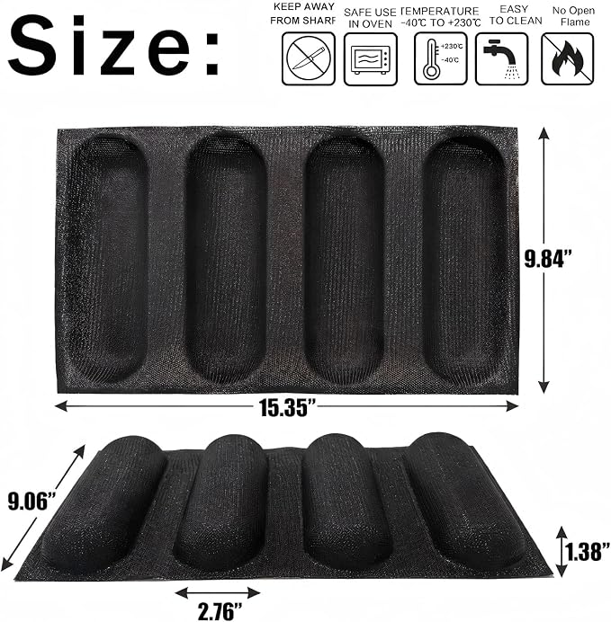 Dioycli Silicone Bread Loaf Pan for Baking Large Baguette Bread Pan Perforated Hot Dog Bun Pan 4 Loaf Non Stick Baking Liner Mat
