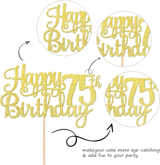 1 PCS Happy 75th Birthday Cake Topper Gold Glitter Cheers to 75 Years Birthday Cake Pick 75 Fabulous Cake Decoration for Happy 75th Birthday Theme Party Decorations Supplies