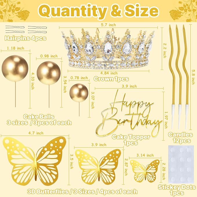 Crown Cake Topper, Gold Happy Birthday Cake Toppers Crown Balls Candles Butterflies, Corona Para Pastel, Cake Decorations for Women Princess Queen Wedding Party Decorations (Gold, White)